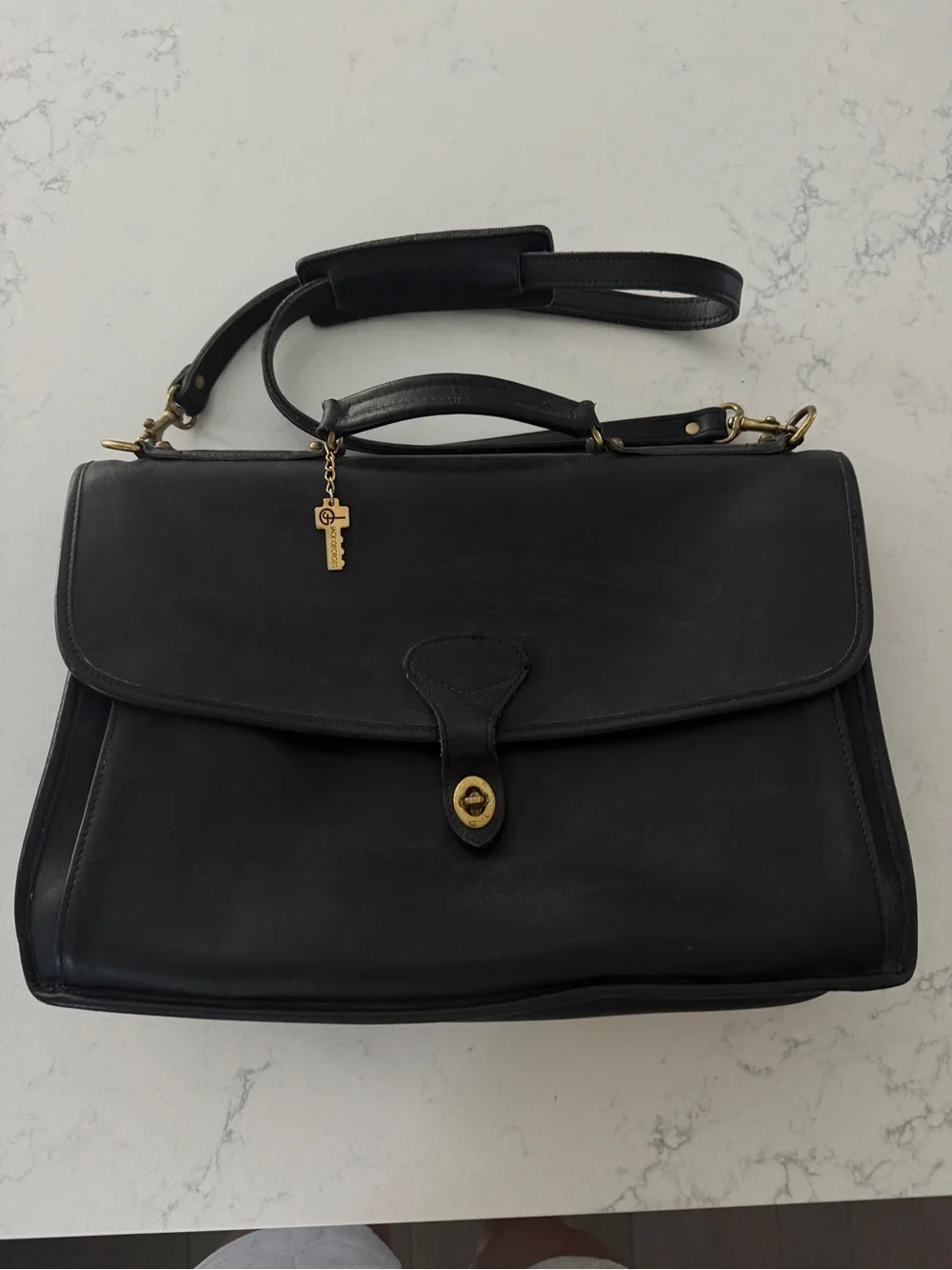 Jack George’s Genuine Black Leather Briefcase / Satchel with Gold Hardware
